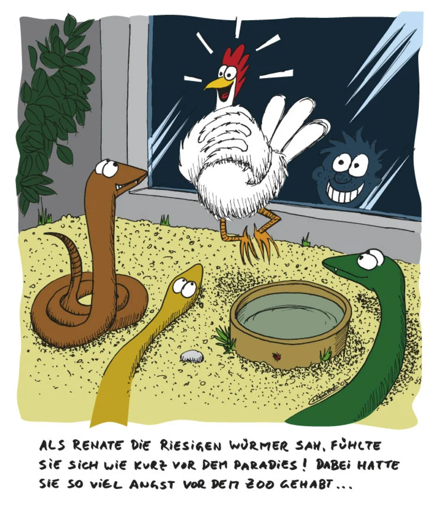 Chaesare, Chaesare Cartoons, Cartoon, Zeichnung, lustig, funny, joke, comic, lachen, witzig, fun, spaß, Unsinn, Huhn, Schlange, Hühner, Schlangen, Zoo, Ausstellung, Dummheit, Missverstanden, Missverständnis, Beute, fressen, verschlingen, Gift, Giftschlange, Giftschlangen, tot, fressen, gefressen, schlingen, Renate, Angst, Freude, tragisch, komisch, Futter, Futtertier, gefüttert, füttern, Hagenbecks, Tierpark