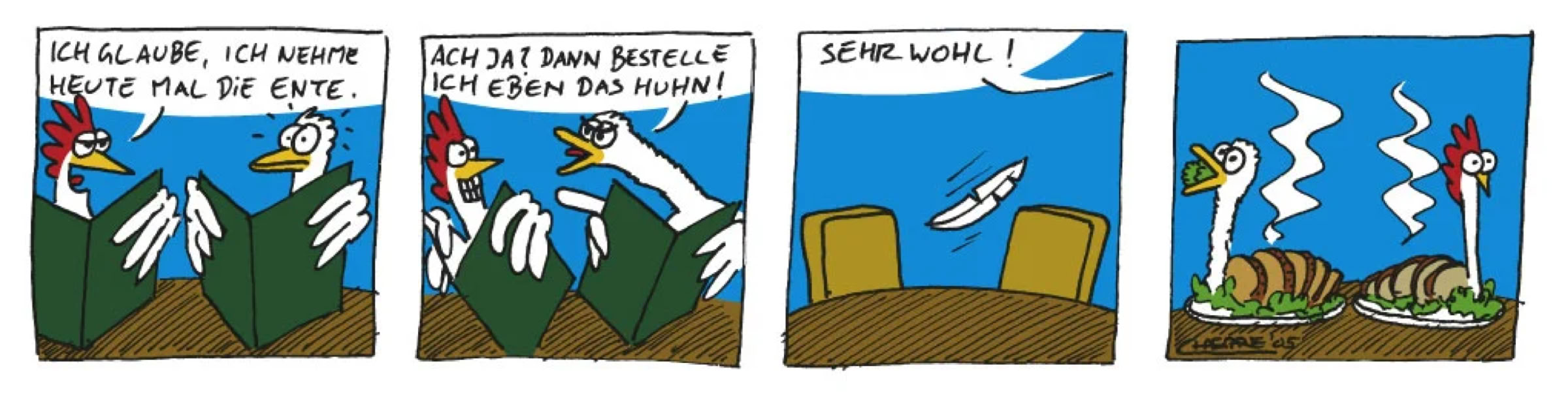 Chaesare, Chaesare Cartoons, Cartoon, Zeichnung, lustig, funny, joke, comic, lachen, witzig, fun, spaß, Unsinn, Huhn, Ente, Restaurant, China, Chinese, Chinarestaurant, beim Chinesen, Food, Abendessen, Dinner, Lunch, bestellen, Menü, bestellen, tot, sehr wohl, Kellner, Tisch, Mahl, Festmahl, Feder, Federn, Federvieh, Süßsauer, süß, sauer